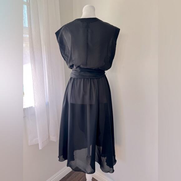 Vintage ‘80s Tracy! Sheer Black Sequined V-Neck Belted Short Sleeve Midi Dress - Picture 6 of 10